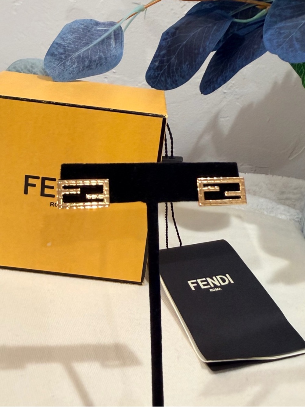 Fendi FF Baguette Gold Tone Pierced Earrings